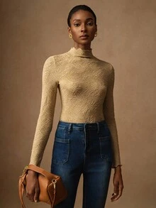 Vesra Women's Solid Color Stand Collar Raglan Long Sleeve Fashionable Versatile Jacquard Knit Slim Fit Long T-Shirt Fall Cloth For Women