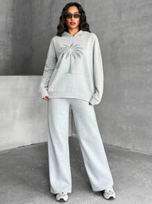 SHEIN Cottnline Women's Rhinestone Embellished Loose Fit Hoodie Sweatshirt Set - Grey - View 3