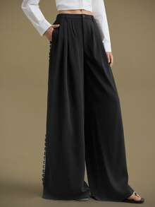 Ontre 2025新款冬季女款黑色阔腿裤，宽松版型，适合女士秋冬装，万圣节，圣诞节，啤酒节，休闲商务，褶皱设计 - 黑色 - 查看 1