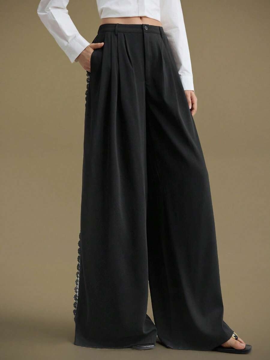 Ontre 2025新款冬季女款黑色阔腿裤，宽松版型，适合女士秋冬装，万圣节，圣诞节，啤酒节，休闲商务，褶皱设计 - 黑色 - 查看 1