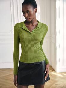 Maija Áo len dài tay cổ polo trơn màu cho nữ, mùa thu - màu xanh lá - Xem 3