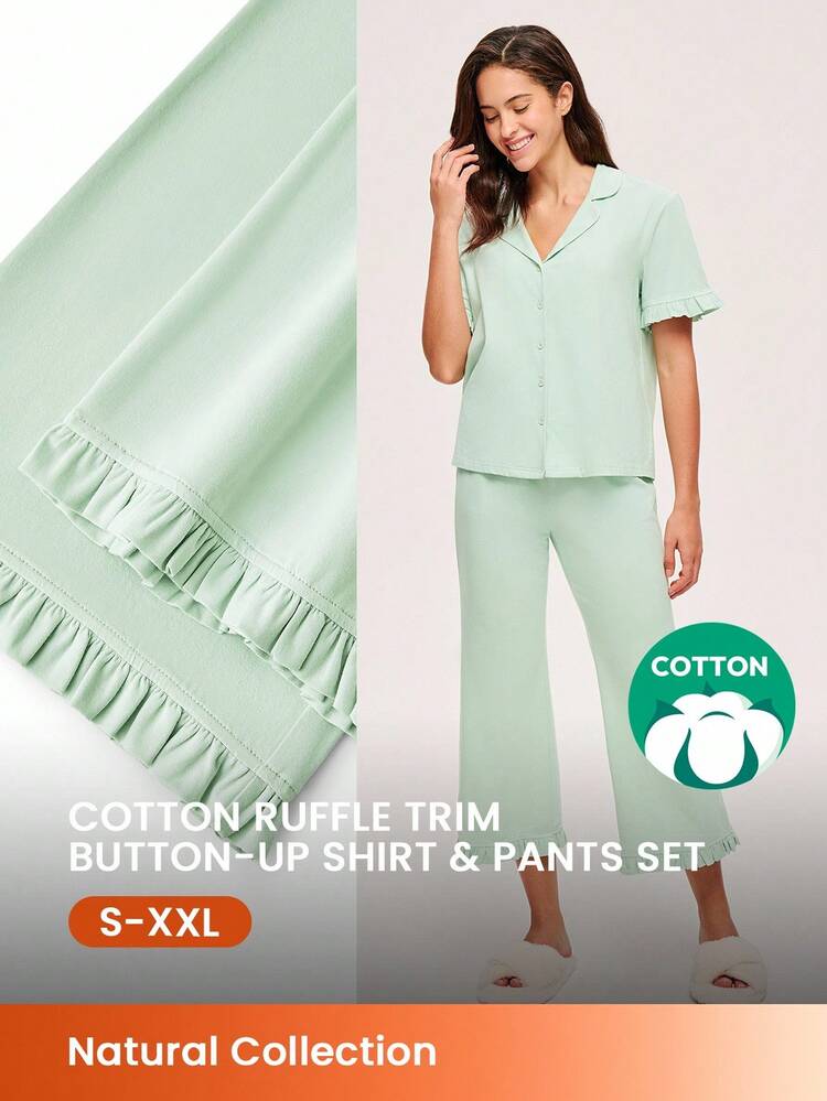 Conjunto de Pijama Respirável de Algodão com Top de Botões de Manga Curta e Calça Leve, Estampa Fresca de Menta, Roupas de Estar em Casa Fofas, Adequado para Mulheres, Adolescentes, Jovens e Crianças, Primavera e Verão