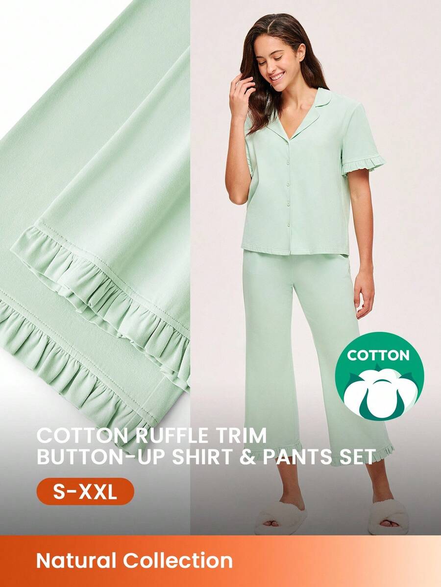 LUVLETTE 女士透气棉质薄荷清新短袖纽扣上衣和裤子，轻盈舒适，家居服可爱睡衣套装，裤子带口袋，浪漫居家休闲舒适，也适合青少年女孩、年轻女孩和儿童，春夏皆宜。