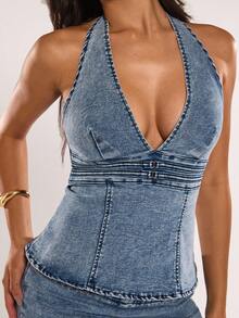 SHEIN BAE Women's Solid Color Halter Backless Fitted Denim Sleeveless Top - Light Wash - View 1