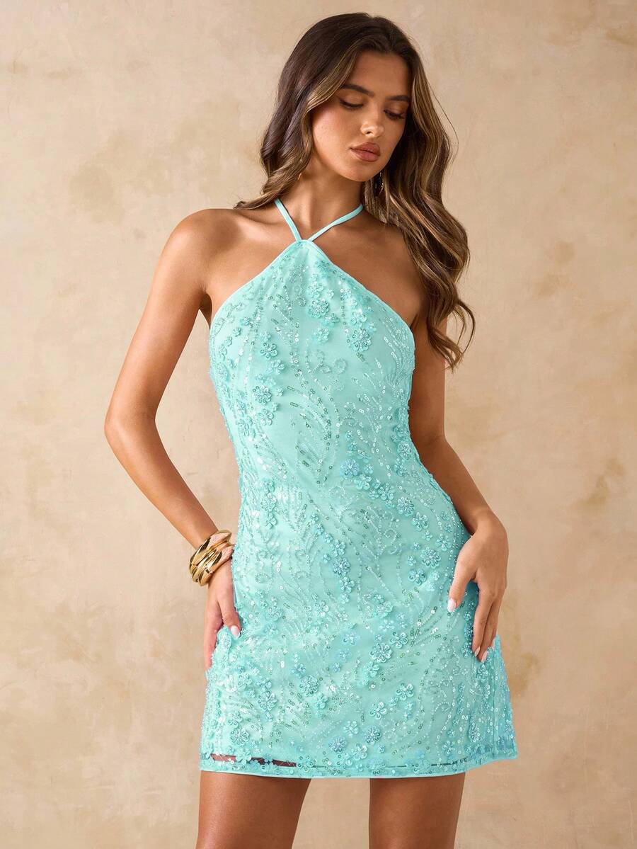 SHEIN BAE 纯色纹理亮片细肩带迷你露背连衣裙，度假海滩吊带裙花卉印花串珠亮片连衣裙露背粉色连衣裙 - 薄荷綠 - 查看 1