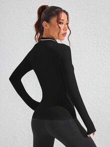 Easithlete 女式字母印花长袖拉链 Polo 衫，休闲健身运动服 - 黑色 - 查看 2
