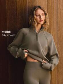 GLOWMODE 莫代尔宽松罗纹拼接可调节下摆半拉链领运动衫带拇指孔日常休闲装 - 棕色 - 查看 1