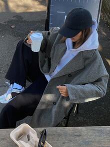 DAZY Áo khoác len dáng rộng màu trơn thường ngày dành cho nữ có ve rộng, áo khoác nữ thu/đông - Xám - Xem 1