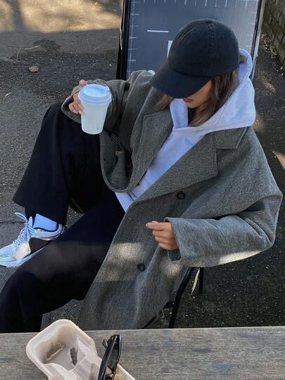 DAZY 女士休闲纯色宽松羊毛夹克，宽翻领，秋冬女式外套