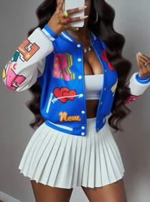 Slaydiva 2025 Herbst/Winter Neue Musik Festival, Abschluss, Studentenmode, Lässig, Streetwear, Cooles Mädchen, Varsity Sport, Buchstaben & Blumen Grafik Kurzarm, PU Ärmel Splice Blaue Damen Hoodie Jacke Japanischer Mode Grafik Muster Jacke Bomberjacke Vergnügungspark - Verschiedenfarbig - Übersicht 6