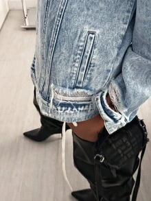 StreetHx 女式休闲宽松落肩长袖单排扣牛仔夹克，秋季 - 藍色 - 查看 6