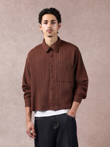 SUMWON Cămașă texturată cu mânecă lungă și nasturi, croială lejeră, cămașă casual de toamnă și iarnă cu guler, stil retro de bază, cu umeri căzuți, simplu - Maro - Vizualizare 6