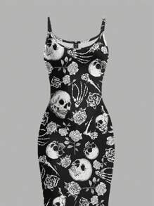 SHEIN EZwear 万圣节和亡灵节黑白骷髅休闲极简全长紧身吊带裙——派对、初秋、返校节、返校季和秋季女装的完美之选。非常适合夜店装扮、性感美学风格、哥特风、赛博格纹、Y2K 街头潮流、复古、垃圾摇滚和朋克风格。 - 彩色 - 查看 3