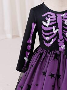 Glamorique Kids 女婴优雅紫色长袖星星网眼万圣节连衣裙 - 紫色 - 查看 7