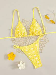 Swim Mod 2pcs/Set Summer New Solid Color Sexy Backless Bikini Swimwear Set - Yellow - View 1
