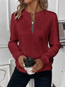 SHEIN LUNE Casual Versatile Solid Color Textured Crew Neck Sweatshirt Fall Cloth For Women - Burgundy - View 3