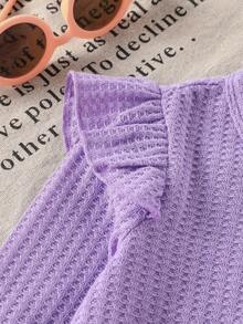 SHEIN Playful Pals 2件組少女時尚可愛櫻桃刺繡長袖T恤與水洗牛仔褲套裝，適合休閒、上學、度假、秋季 - 紫色 - 查看 3