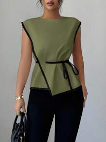 Elenzga Áo cánh màu tương phản thắt eo thanh lịch dành cho nữ khi đi làm - Màu xanh Ô liu - Xem 5
