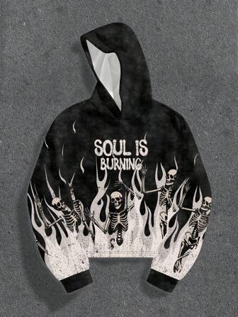 Manfinity Roghcode Men's Street Style Box-Shaped Cropped Acid-Washed Effect Dark Flame Skull Fleece Hoodie, Gothic Hoodie, Flame Hoodie, Black And White Graphic Hoodie, Skeleton Hoodie