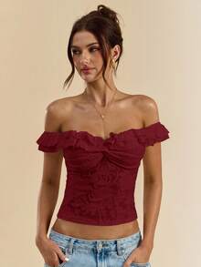 SHEIN BAE 女式白色纹理针织露肩双荷叶边前扭纹紧身上衣，夏季衬衫 - 酒紅色 - 查看 7