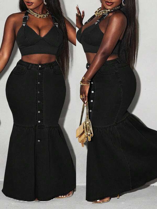 Slaydiva Plus Size Fashion Front Button Closure Extra Long Denim Skirt