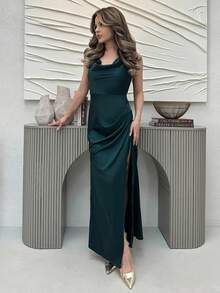 Jemour Ruched Split Thigh Draped Crisscross Back Satin Bridesmaid Dress, Elegant Cocktail Semi Formal Prom Wedding Guest Dress, For Birthday, Graduation, Dinner, Homecoming Party Dress