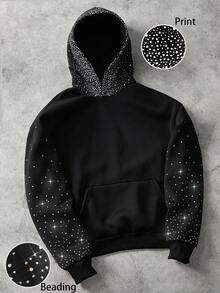 Manfinity Roghcode 男士星空渐变闪亮水钻装饰黑色连帽衫，钻石连帽衫，黑色水钻连帽衫，2000 年代风格 - 黑色 - 查看 1