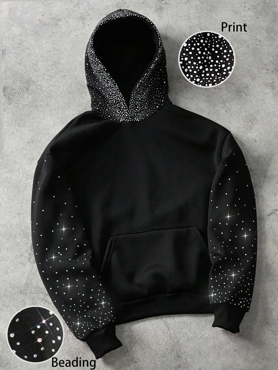 Manfinity Roghcode 男士星空渐变闪亮水钻装饰黑色连帽衫，钻石连帽衫，黑色水钻连帽衫，2000 年代风格 - 黑色 - 查看 1