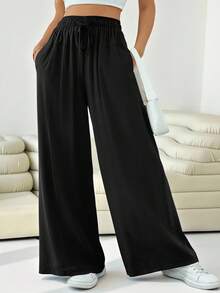 Solflare Pantaloni larghi casual in nero, con tasche e vita con cordino, in taglia comoda