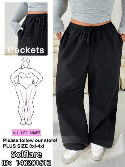 Solflare Plus Size Women's Solid Color Drawstring Waist Pockets Wide Leg Loose Casual Pants,Fall,Winter,Back To School,Casual,Office Outfits,Work,Teacher,Fall Clothes For Women