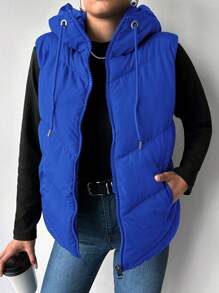 EURMUSE Drawstring Hooded Women's Padded Vest - Blue - View 1
