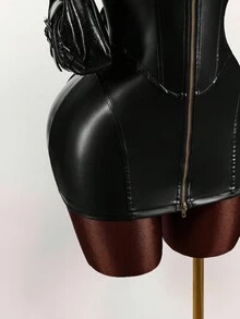 Amplova 深 V 领双向拉链修身迷你 PU 皮革连衣裙 - 黑色 - 查看 6