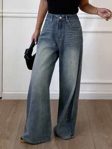 Livesso 女士宽松休闲直筒牛仔裤，秋冬新品 - 藍色 - 查看 6