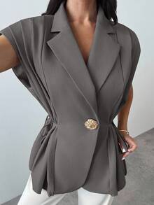 Firerie Ladies New Casual Elegant Versatile Metal Button Linen Brown Thin Suit Jacket/Imitation Linen Suit Jacket/Pleated Tie Top/Business Casual Woman/Teacher Outfits For Women/Vintage Clothes Women/,Fall - Grey - View 4