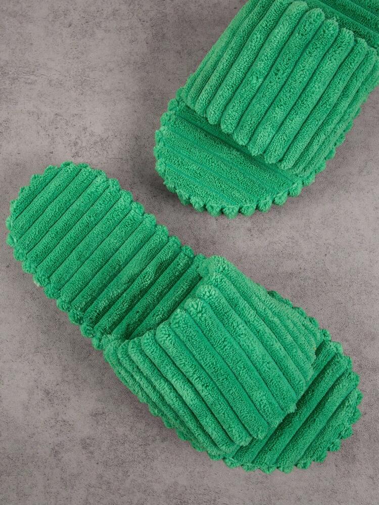 Women Shoes Round Toe Green Corduroy Detail Slip On Slides Fashion Flat Sandals