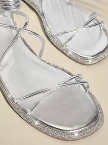 Women Silver Rhinestone Fashionable Flat Sandals - Silver - View 5