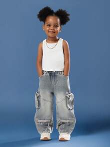 SUMWON 女孩阔腿工装牛仔裤可调节口袋 Y2K 街头潮流宽松版型个性下装秋冬裤节日休闲日常下装 - 藍色 - 查看 3