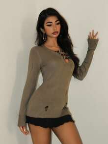 Flirla Autumn New Women's Leather Buckle Patchwork Ripped V-Neck Design Slim Fit Knit Pullover Top Fall Winter Cloth For Women - Army Green - View 3