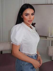 Durrani Popal Lace Trim Puff Sleeve Crop Blouse,Short Sleeve Tops - White - View 5