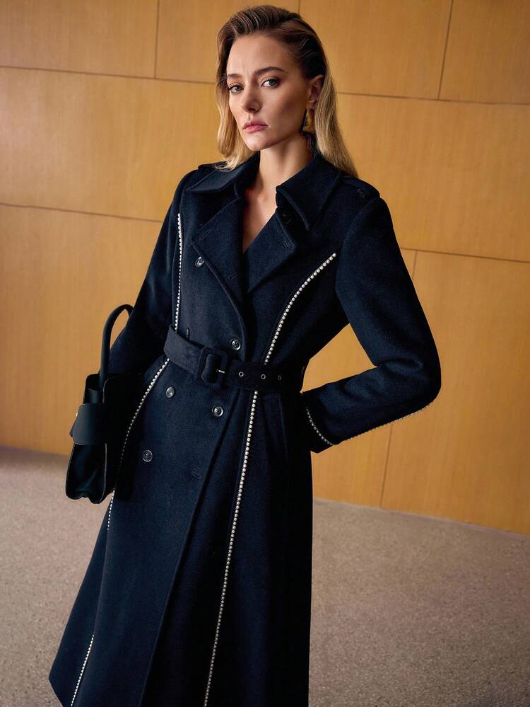 ELEGANT PEARL DECOR WOOL LONG OVERCOAT WITH BELT, AUTUMN/WINTER