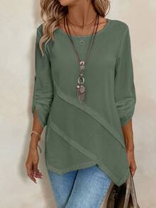 EMERY ROSE Women's Round Neck Asymmetrical Hem White Blouse - Green - View 3