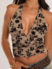 SHEIN BAE 女士花卉印花深V领短款性感吊带背心 - 白色 - 查看 8