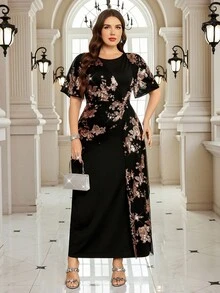 Gownix Đầm Maxi Nữ Cỡ Lớn, Cổ Tròn, Tay Ngắn, Tay Dài, Thêu Kim Sa, Chắp Vá Màu Đen, Eo Xoắn, Thanh Lịch & Thời Trang Cho Dự Tiệc - Nhiều màu - Xem 4