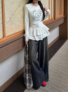 FRIFUL T-shirt casual à manches longues pour femmes, col rond ajusté, imprimé cœur, patchwork de dentelle, volants à l'ourlet, doux, automne