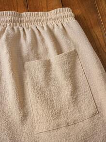 Manfinity NXTstreet 男士束腰口袋短褲，寬鬆休閒板麻綠色度假波霸風格 - 卡其色 - 查看 3