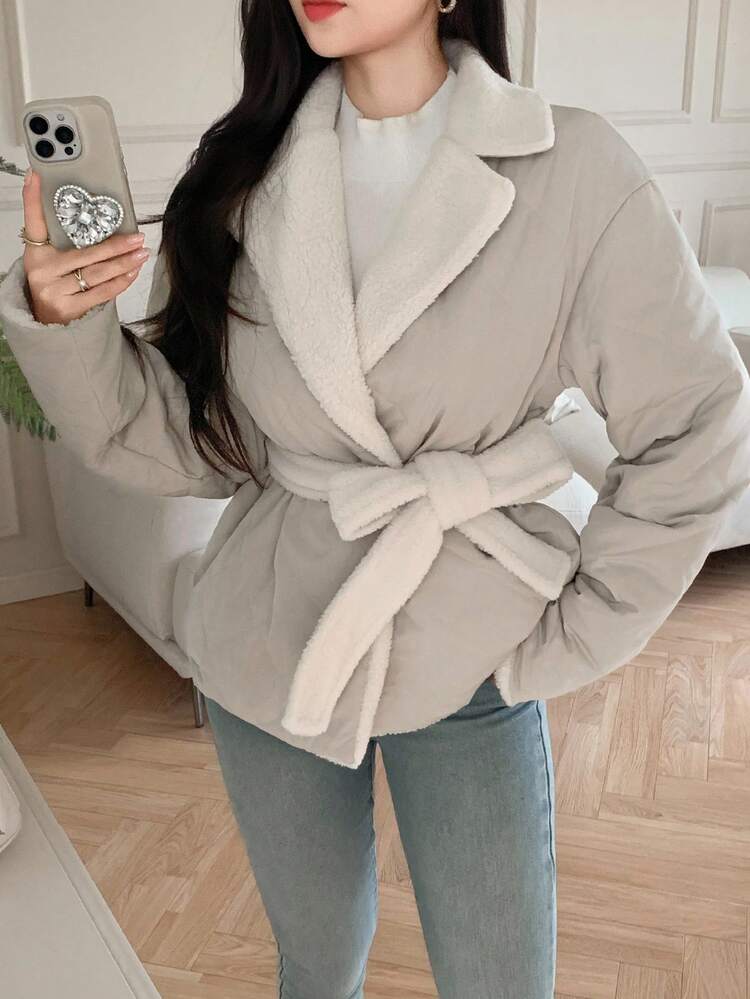 Women's Quilted Padded Coat With Contrast Color Belt, Lapel Collar, Autumn/Winter Jacket