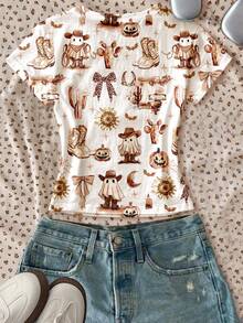 SHEIN 恐怖季节，恐怖氛围，可爱鬼魂、南瓜、西部牛仔风格、派对、返校、音乐节，彩色涂鸦印花修身休闲舒适圆领长袖 T 恤，适合青少年女孩，适合秋季 - 彩色 - 查看 2