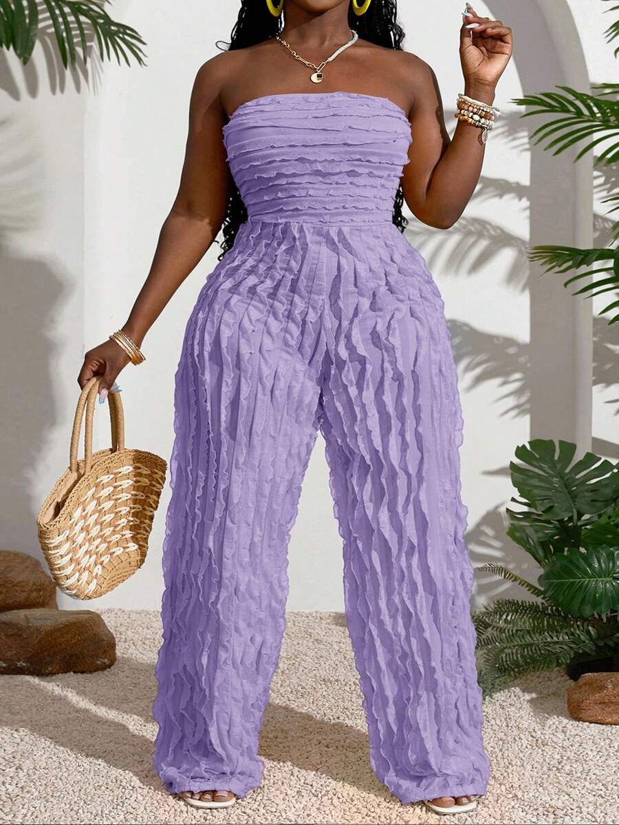 Slaydiva 夏季新品、音乐节及婚礼季、复活节、西部风、游牧风、圣帕特里克节、生日派对、毕业季、学生装、日常休闲、百搭单品、休闲、邮轮旅行、海滩、日光浴、时尚、纹理、无肩带、黄色、大码女式连体裤、薰衣草色连体裤、紫色连体裤、荷叶边连体裤、夏季女式连体裤、度假装 - 紫色 - 查看 1