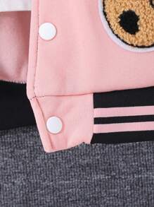 Sparklyn Teen Girl Bear Patched & Slogan Graphic Two Tone Varsity Jacket Without Tee - Pink - View 3