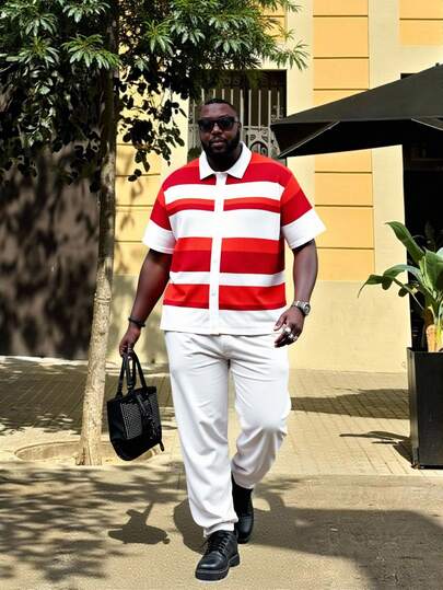 EASEVO Plus Size Men's Contrast Stripe Short Sleeve Knit Cardigan, For Fall Winter